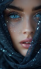 Mysterious Woman with Sparkling Makeup and Blue Eyes in Ethereal Veil