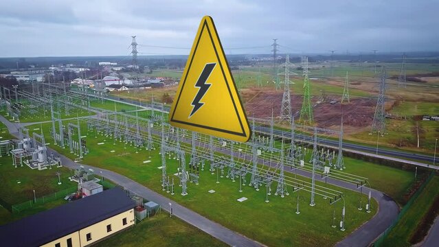 Caution graphic for electrical shock over a power substation - aerial orbit