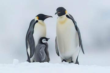 A family of emperor penguins standing together on the snow-covered surface, with one baby chick in between them. 