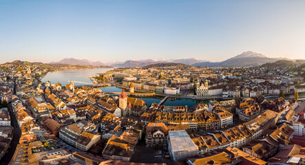 Lucerne, Switzerland: Panoramic view of the Lucerne medieval old town along the Reuss river with...