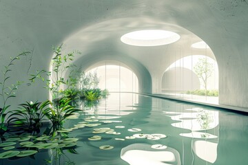 Serene Indoor Pond in a Modern Greenhouse Setting with Lush Plants