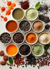 Assorted Organic Superfood Powders and Seeds Arranged in Bowls on White Background