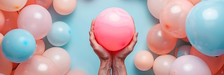 Woman Holding Glowing Balloon Surrounded by Pastel Balloons - Celebration and Joy Concept