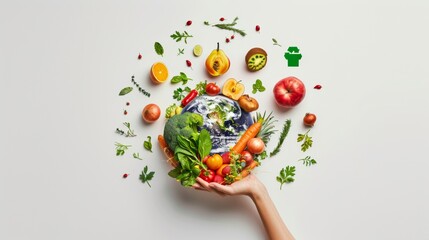 Woman's Hand Presenting a Variety of Fresh Produce Around a Globe on a Light Background
