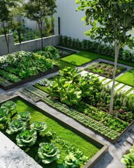 Fototapeta na wymiar Serene urban garden with lush greenery.An urban oasis showcasing raised vegetable beds and vibrant green lawn surrounded by tropical trees