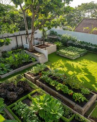 3D-rendered urban garden with perfect symmetry.A visually striking 3D-rendered urban garden with symmetrical plant beds and vibrant greenery in an urban setting