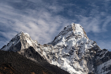 Dramatic view of the Ama Dablam peak near Namche Bazaar in the Himalaya in Nepal in winter