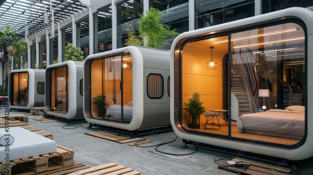 Poster explain the efficiency and quick setup time of plugys modular hotel units ai generated illustration