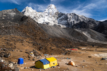 Ama Dablam base camp and peak near Namche Bazaar in the Himalaya in Nepal in winter