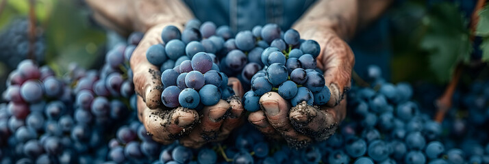 Close-up of Farmer Hands Picking Up Grapes,
close-up shot of weathered farmer hands gently harvesting ripe grapes in a sunlit vineyard