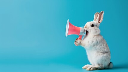 A whimsical depiction of a crazy cute Easter bunny energetically shouting through a megaphone against a vibrant blue background