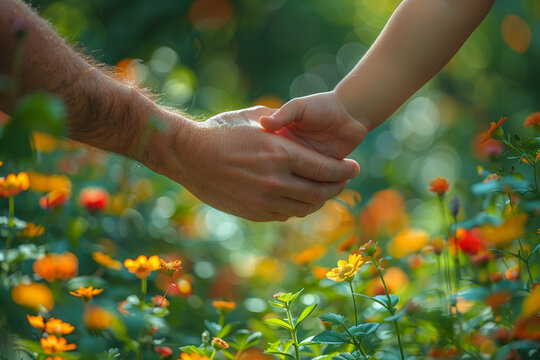 Father and child hands, bright green