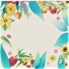 Fototapeta na wymiar Summer background with borders of berries, fruits, flowers and leaves with copy space frame