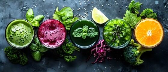 Overhead shot of green and purple juices promoting detox and healthy eating. Concept Healthy Lifestyle, Detox Diet, Green Juice, Purple Juice, Overhead Shot