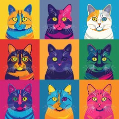 A colorful mosaic of British Shorthair images on a large canvas cartoon kawaii flat design