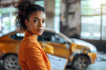 A woman in an orange jacket stands in front of a yellow car
