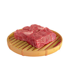 A plate of uncooked meat on a bamboo platter