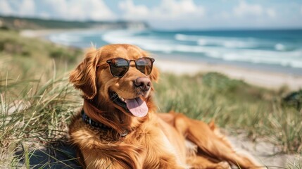 Gentlemanly man dog enjoying a sunny day at the ocean coast  AI generated illustration