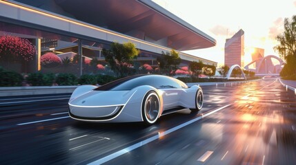 Futuristic Car Driving Through Urban City