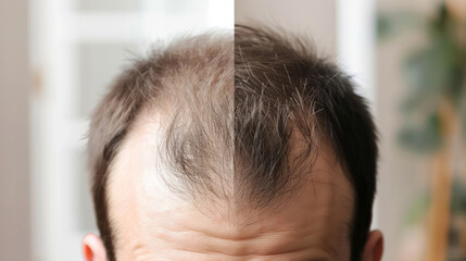 comparison of a mans hair before and after treatment for hair loss. Hair transplant