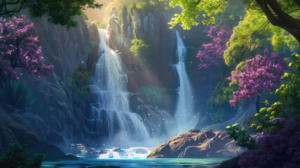 A waterfall with a forest in the background