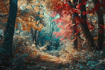 Surreal forest in autumn with leaves changing colors
 AI-generated