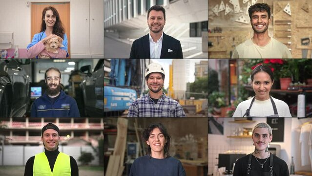 Many different profession collage. Happy people portrait mix. Lots of smile worker. Joy employee team work. Faces staff multi screen. Various job split. Young adult guys girls group. Man race diverse.