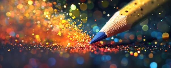 Vibrant pencil tip releases colorful glitters & pigments, symbolizing creativity & magic on paper - obrazy, fototapety, plakaty