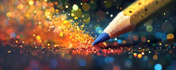 Foto auf Leinwand Vibrant pencil tip releases colorful glitters & pigments, symbolizing creativity & magic on paper © AhmadTriwahyuutomo