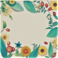 Fototapeta na wymiar delicate summer background with borders of berries, fruits, flowers and leaves