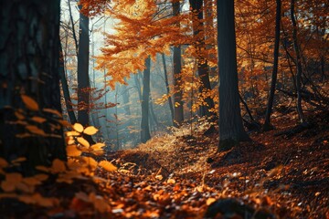 Fototapeta premium Surreal forest in autumn with leaves changing colors AI-generated