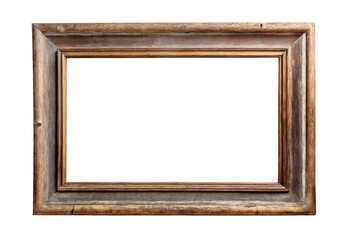 Old brown wooden wide frame on a white and transparent background. PNG.	