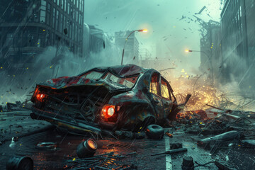 A car is destroyed in a city with rain pouring down