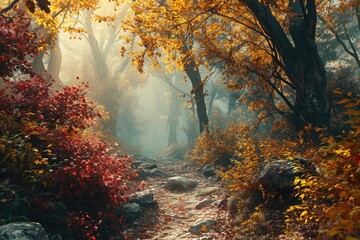 Surreal forest in autumn with leaves changing colors
 AI-generated