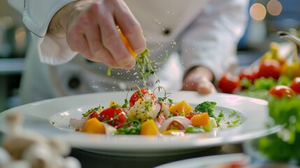 A close-up of a chef preparing a dish with fresh fruits and vegetables. The chef is skilled and focused, and the dish looks amazing.