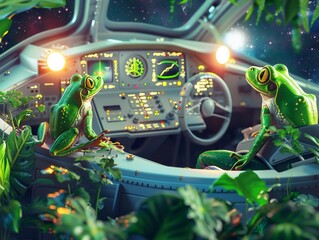 Tranquil cosmic cockpit, pilot among green plants and frogs, serene space journey, soft focus on the stars, panoramic