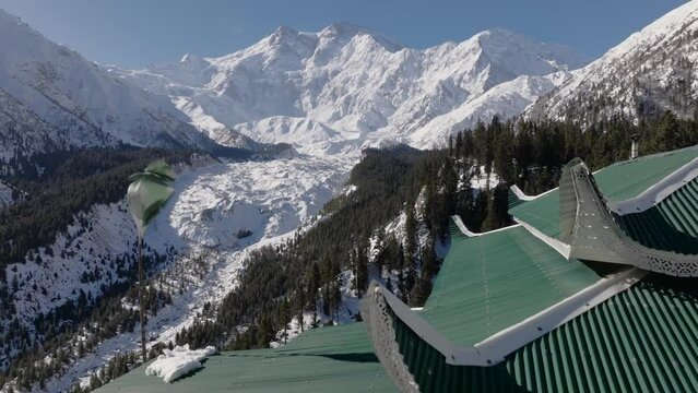 Snowy Nanga Parbat at Winter. Aerial Drone Shot with a glacier in valley, Fairy Meadows Pakistan, Mount Killer at Dawn