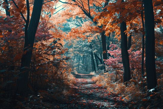 Surreal forest in autumn with leaves changing colors
 AI-generated