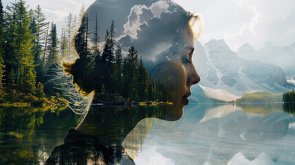 A woman's face is reflected in the water, surrounded by trees