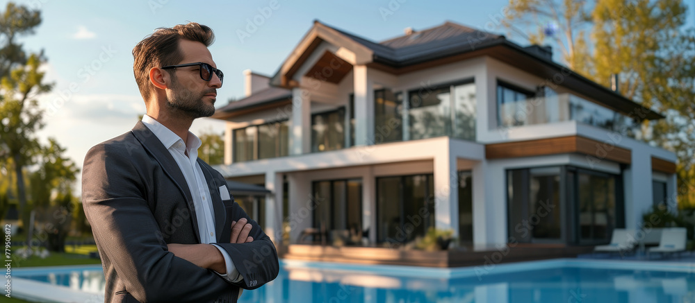 Wall mural A estate agent in a suit stands in front of a large house with a pool