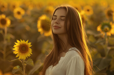 A girl with long brown hair stands in the middle of sunflower field, her eyes closed and she is smiling, looking happy