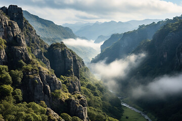 Clouds creep among high rocks. Generated by artificial intelligence