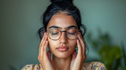 Exhausted Indian-American woman massaging eyelids, seeking relief.