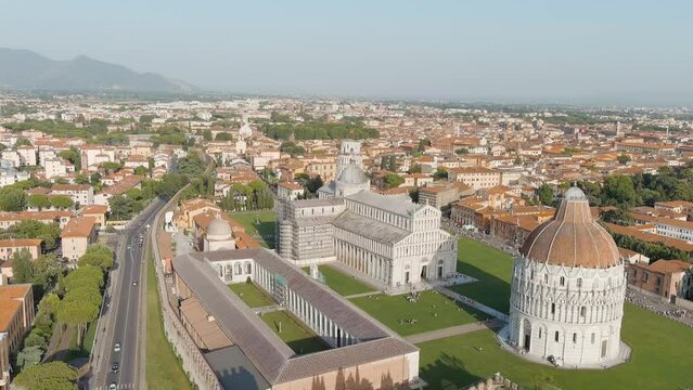 Dolly zoom. Pisa, Italy. The famous Leaning Tower and Pisa Cathedral in Piazza dei Miracoli. Summer. Evening hours, Aerial View