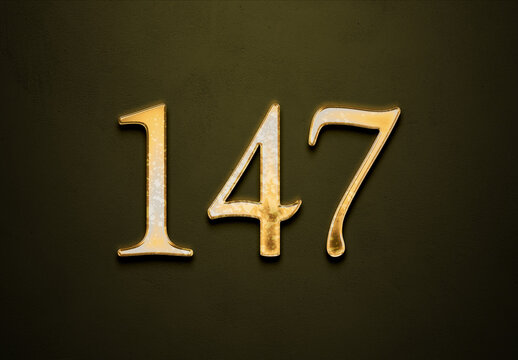 Old gold effect of 147 number with 3D glossy style Mockup.	