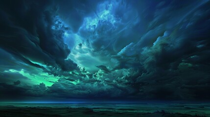 Dark blue, green, sky, clouds