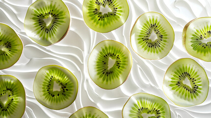 Fototapeta premium Kiwi slices on a white background, vibrant and inviting, showcasing natural beauty and texture with dynamic contrast. 