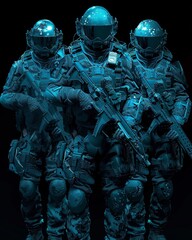 A mercenary squad depicted in cyanobenthic hues, their rugged look captured in a digital 2D style against a clean background, suggesting their readiness for underwater missions,  - obrazy, fototapety, plakaty