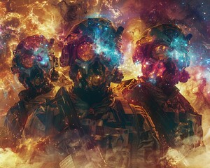 Mercenary squad depicted on the tarot card, their likenesses overlaid with a galaxy in a stunning double exposure technique, within a digital 2D framework,  - obrazy, fototapety, plakaty