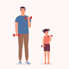 Smiling Father And His Little Daughter Lifting Dumbbells For Strength Training Exercises. Full Length.